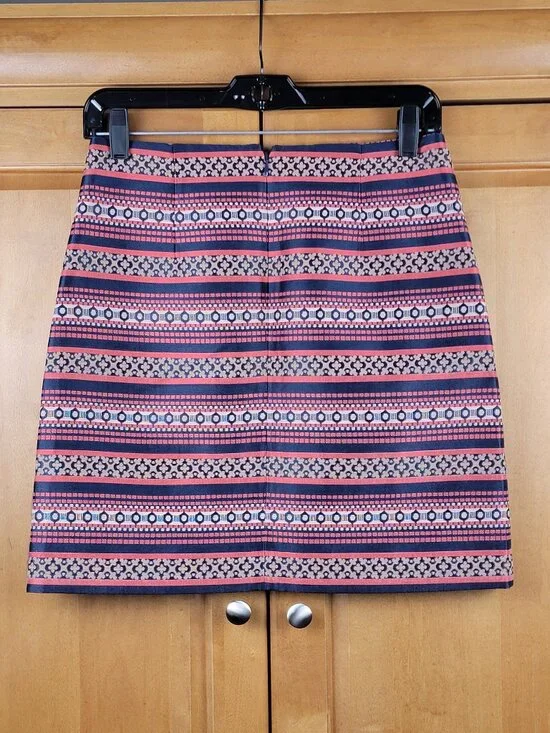 LOFT Coral Navy Gold Tan Aztec Stripe Cotton Blend A-line Mini Skirt - 2P - Picture 4 of 9
